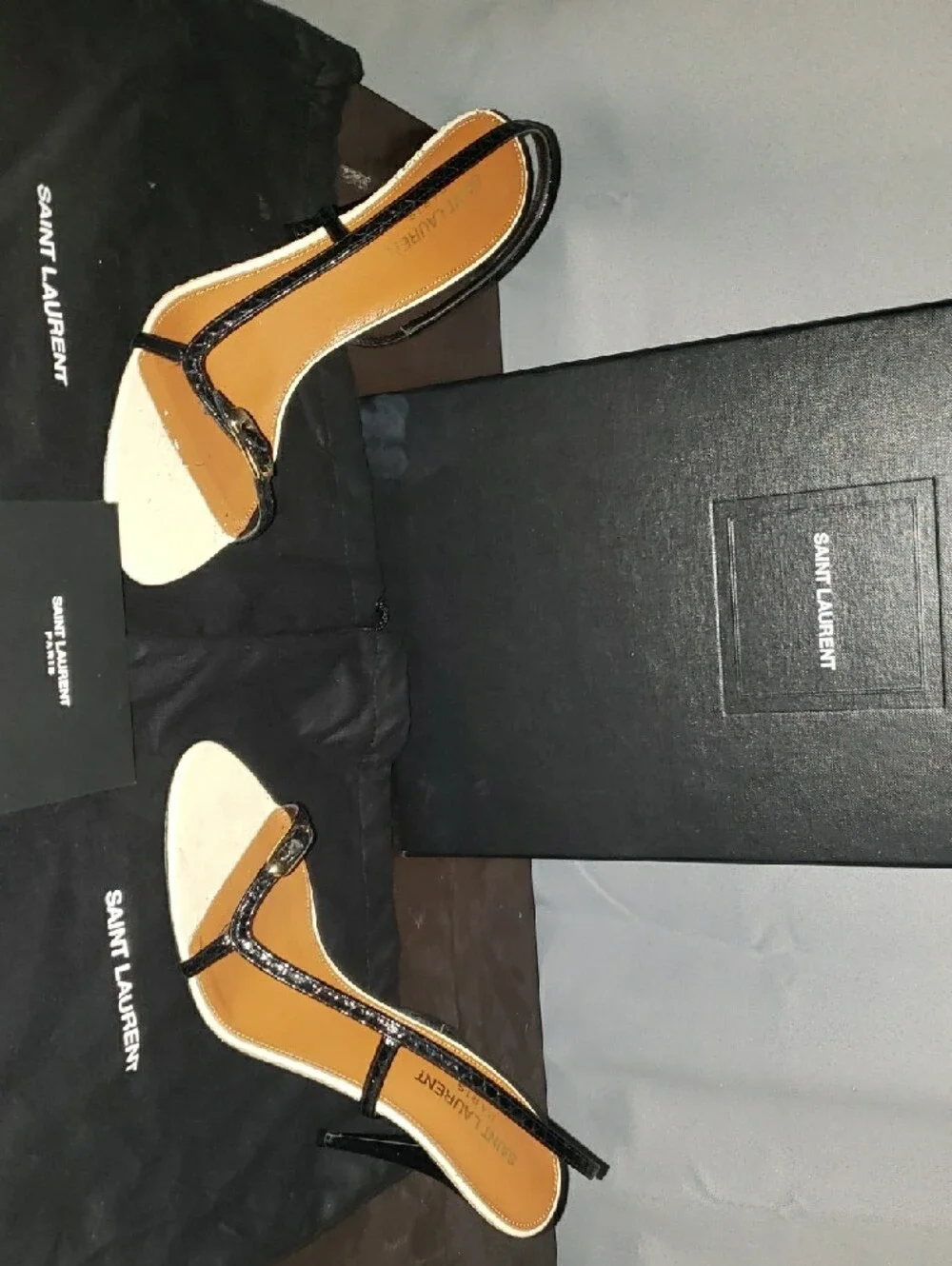 Saint Laurent Black Croc-Embossed Thong Sandals with Tan Footbed